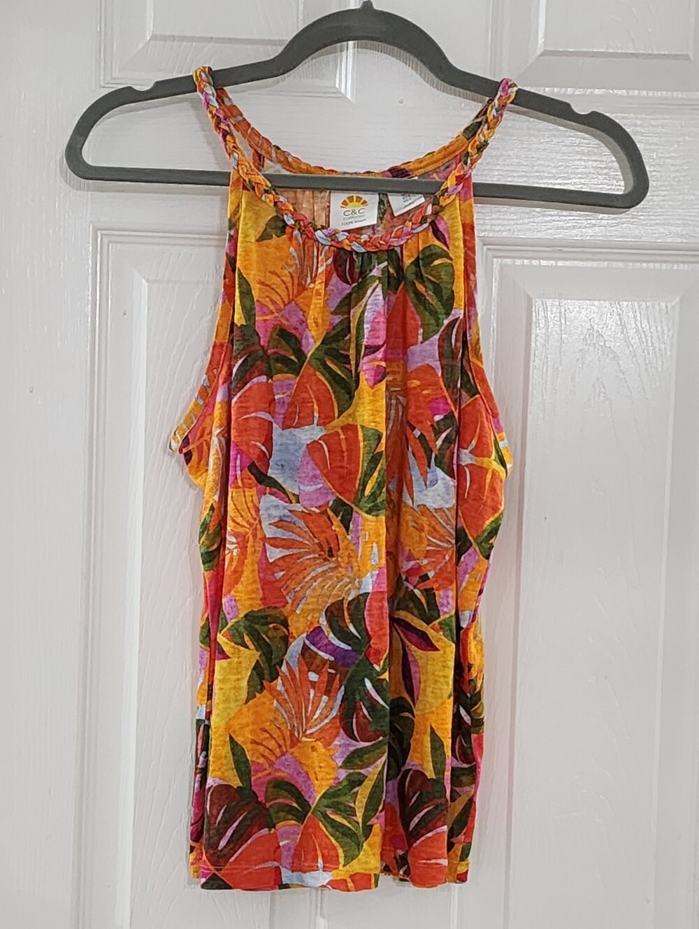 C&C California 100% Linen Tropical Floral Halter Tank Top Small - Braided Trim